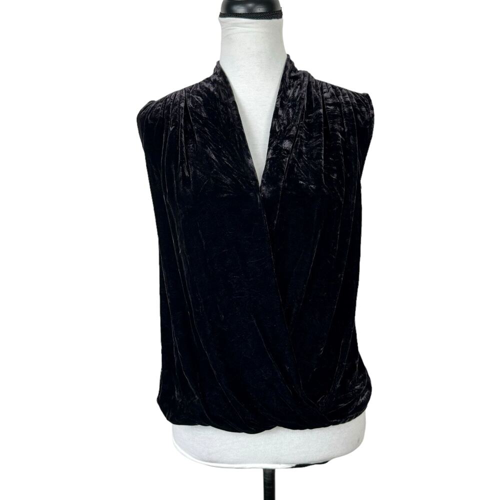 Maven West Black Velour Sleeveless Twist Hem V-neck Crossover Blouse Top